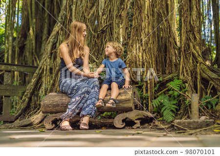 Mom and son travelers discovering Ubud forest in Monkey forest, Bali Indonesia. Traveling with children concept 98070101