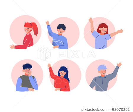 Set of teenage boys and girls looking out of round windows. Children waving their hands in greeting cartoon vector illustration 98070201