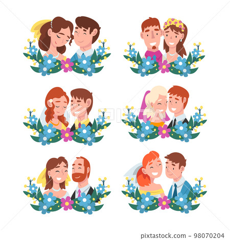 Happy romantic couples in wreath of flowers set cartoon vector illustration 98070204