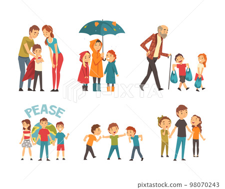 Brave and polite children's get. Well bred children helping adults, protecting weak, saving planet cartoon vector illustration Brave and polite children's get. Well bred children helping adults, protecting weak, saving planet cartoon vector illustration 98070243