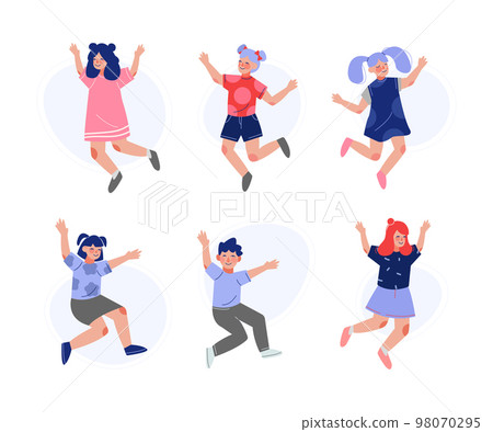 Happy children jumping with raising hands set. Cute joyful boys and girls having fun or celebrating success cartoon vector illustration i 98070295