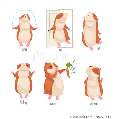 Cute hamster demonstrating English language prepositions of place set. Over, out, up, failing, save, circa words. Educational material for kids education cartoon vector illustration 98070315