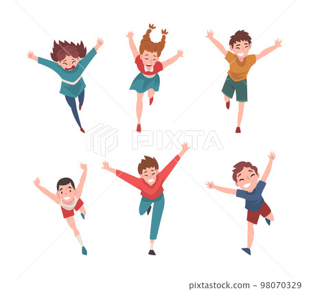 Set of happy children running with their arms outstretched. Freedom, carelessness, joy cartoon vector illustration Set of happy children running with their arms outstretched. Freedom, carelessness, joy cartoon vector illustration 98070329