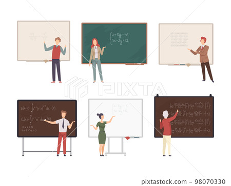 Teachers and professors standing in front of blackboard giving lecture at school, college or university set cartoon vector illustration Teachers and professors standing in front of blackboard giving lecture at school, college or university set cartoon vector illustration 98070330