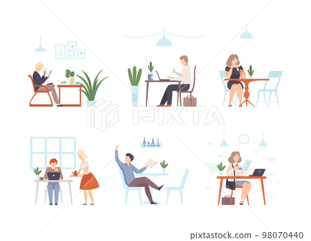 People sitting in cafe or restaurant, drinking coffee and working with laptop computers set flat vector illustration People sitting in cafe or restaurant, drinking coffee and working with laptop computers set flat vector illustration 98070440