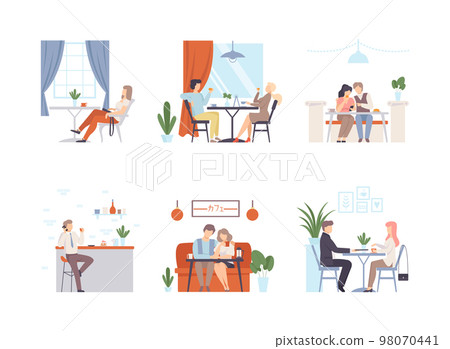 People sitting in cafe or restaurant, drinking coffee and communicating set flat vector illustration People sitting in cafe or restaurant, drinking coffee and communicating set flat vector illustration 98070441