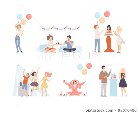 Set of happy people having fun at birthday party with inflatable balloons, party flags and gifts. Friends characters celebrating holiday flat vector illustration Set of happy people having fun at birthday party with inflatable balloons, party flags and gifts. Friends characters celebrating holiday flat vector illustration 98070496