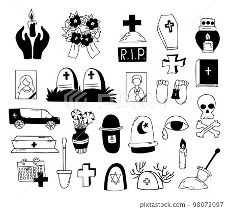 Death and funeral. Collection vector doodles. Grave, cross, cemetery, coffin and hearse, skull and crossbones and ashes, wreath and candle. Isolated hand drawings for funeral theme design Death and funeral. Collection vector doodles. Grave, cross, cemetery, coffin and hearse, skull and crossbones and ashes, wreath and candle. Isolated hand drawings for funeral theme design 98072097