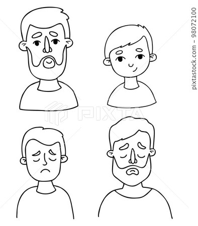 Male faces. Portraits of father and son. Emotions happy and sad. Vector line hand drawings in doodle style. Isolated faces avatars for design Male faces. Portraits of father and son. Emotions happy and sad. Vector line hand drawings in doodle style. Isolated faces avatars for design 98072100