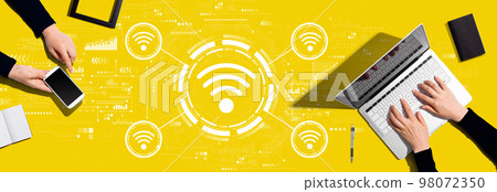 Wifi theme with people working together 98072350