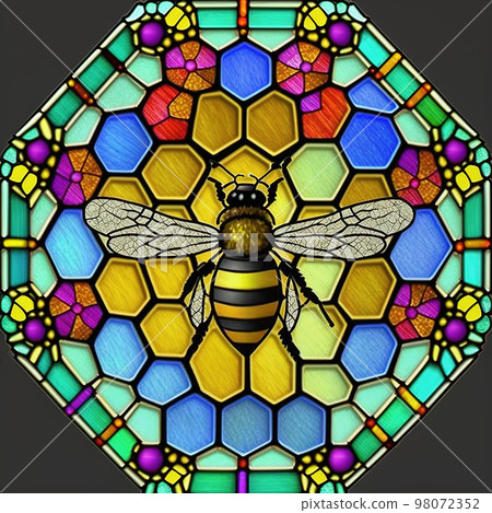 Stained glass style window with bee. Generative AI. Not based on any actual scene or pattern Stained glass style window with bee. Generative AI. Not based on any actual scene or pattern 98072352