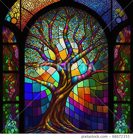 Stained glass style with colorful magic tree. Arch stained glass window. Generative AI. Not based on any actual scene or pattern Stained glass style with colorful magic tree. Arch stained glass window. Generative AI. Not based on any actual scene or pattern 98072355