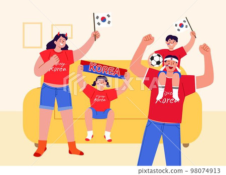 Korean people wearing worldcup football cheer costume, red devil_holding Taegeukgi national flag and cheering 98074913