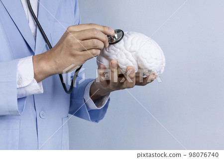 brain health and dementia series_examine a brain model with a stethoscope 98076740