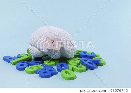 brain health and dementia series_brain miniature and numbers with question marks on them 98076743