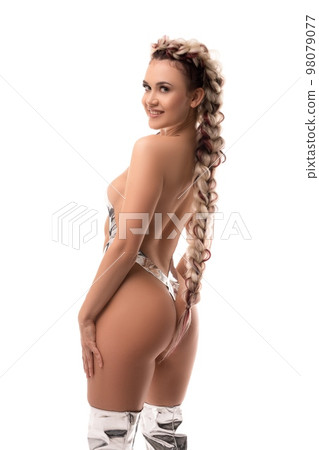 Sensual woman in silver tape underwear 98079077