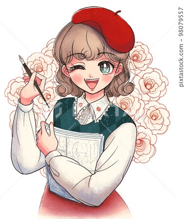 一位戴著貝雷帽的漫畫家拿著手稿的插圖 98079557