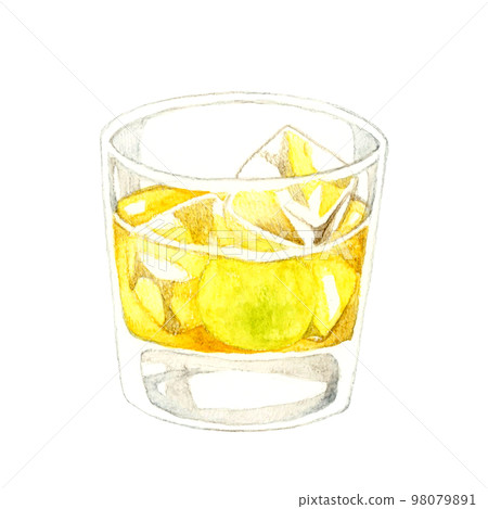 玻璃杯中的梅酒（岩石）手繪水彩插圖的飲料和酒精 98079891