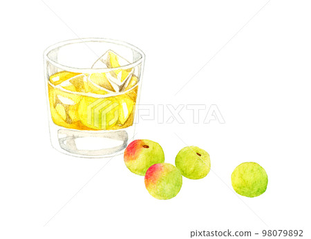 玻璃杯中的梅酒（岩石）和青梅飲料和水果手繪水彩插圖素材 98079892