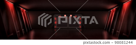 Dark hall with metal door and red illumination 98081244