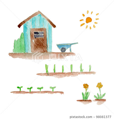 Gardening hut watercolor illustration set Gardening hut watercolor illustration set 98081377