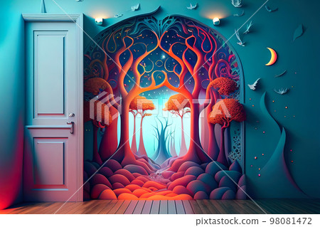 fantastic design creative interior with a portal on the wall leading to another dimension fantastic design creative interior with a portal on the wall leading to another dimension 98081472