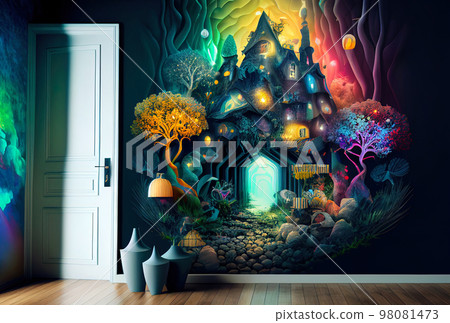 designer fantastic fabulous interior of a cozy room with a portal to Another dimension on the wall designer fantastic fabulous interior of a cozy room with a portal to Another dimension on the wall 98081473