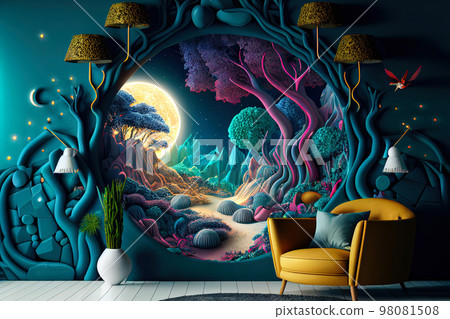 designer fantastic fabulous interior of a cozy room with a portal to Another dimension on the wall 98081508