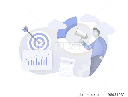 Digital PR abstract concept. Ecommerce digital marketing promotion strategy with businessman and megaphone, target online sales promotion vector illustration. Light blue color vector illustration Digital PR abstract concept. Ecommerce digital marketing promotion strategy with businessman and megaphone, target online sales promotion vector illustration. Light blue color vector illustration 98081681