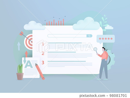 Website Seo ranking in search engines results page. The ratio of optimized content, keywords, backlinks and behavioral seo factors. Flat design 3d vector illustration Website Seo ranking in search engines results page. The ratio of optimized content, keywords, backlinks and behavioral seo factors. Flat design 3d vector illustration 98081701