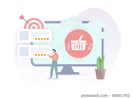 Customer Feedback Strategy concept. The drawn character of the customer leaves a review and puts a rating with stars on the purchased goods. Business quality rating vector illustration Customer Feedback Strategy concept. The drawn character of the customer leaves a review and puts a rating with stars on the purchased goods. Business quality rating vector illustration 98081702