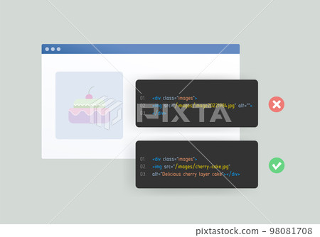 Image SEO and alt text and title tags concept. Optimize images for better rankings in search engines, increase organic traffic and improve website content. 98081708