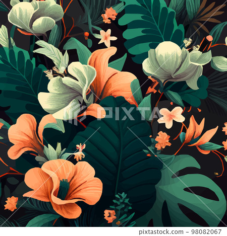 Seamless pattern of green tropical leaves with strelitzia, plumeria and hibiscus flowers on a dark background - Vector Seamless pattern of green tropical leaves with strelitzia, plumeria and hibiscus flowers on a dark background - Vector 98082067