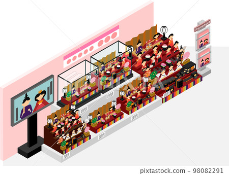 Illustration of an isometric hina doll sales floor 98082291