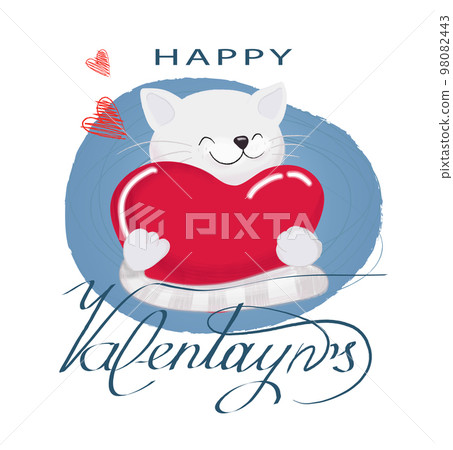 Cute Cat holding heart. Greeting card with kitten. Vector illustration. Valentine day figure. Vector artwork for children wear in custom colors. T-shirt print. Kid graphic. Hand draw animal. Love 98082443