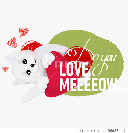 Cute Cat holding heart. Greeting card with kitten. Vector illustration. Valentine day figure. Vector artwork for children wear in custom colors. T-shirt print. Kid graphic. Hand draw animal. Love 98082444