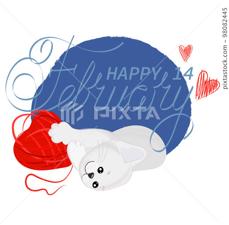 Cute Cat holding heart. Greeting card with kitten. Vector illustration. Valentine day figure. Vector artwork for children wear in custom colors. T-shirt print. Kid graphic. Hand draw animal. Love 98082445