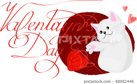 Cute Cat holding heart. Greeting card with kitten. Vector illustration. Valentine day figure. Vector artwork for children wear in custom colors. T-shirt print. Kid graphic. Hand draw animal. Love 98082446