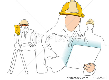 Close up of young Caucasian worker with helmet on head using tablet for work while standing in warehouse. Surveyor with a tripod icon. Geodesic tripod. Vector illustration Close up of young Caucasian worker with helmet on head using tablet for work while standing in warehouse. Surveyor with a tripod icon. Geodesic tripod. Vector illustration 98082502