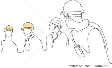 Close up of young Caucasian worker with helmet on head using tablet for work while standing in warehouse. Surveyor with a tripod icon. Geodesic tripod. Vector illustration 98082562