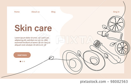 Skin care concept. Landing page template. Morning routine. Bath time. Organic products for scrubbing and body skin care with natural herbal skin care products, top view. Vector illustration 98082563