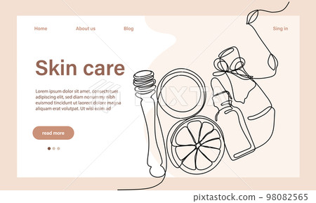 Skin care concept. Landing page template. Morning routine. Bath time. Organic products for scrubbing and body skin care with natural herbal skin care products, top view. Vector illustration 98082565