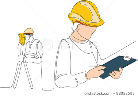 Close up of young Caucasian worker with helmet on head using tablet for work while standing in warehouse. Surveyor with a tripod icon. Geodesic tripod. Vector illustration 98082595