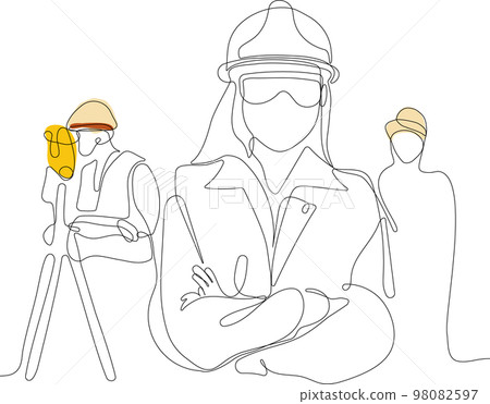 Close up of young Caucasian worker with helmet on head using tablet for work while standing in warehouse. Surveyor with a tripod icon. Geodesic tripod. Vector illustration 98082597
