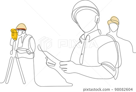 Close up of young Caucasian worker with helmet on head using tablet for work while standing in warehouse. Surveyor with a tripod icon. Geodesic tripod. Vector illustration 98082604