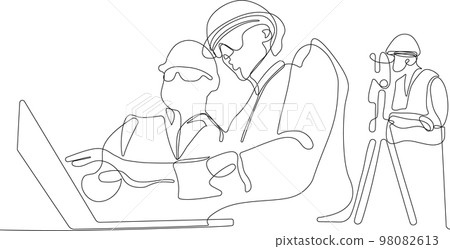 Close up of young Caucasian worker with helmet on head using tablet for work while standing in warehouse. Surveyor with a tripod icon. Geodesic tripod. Vector illustration 98082613