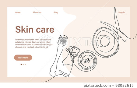 Skin care concept. Landing page template. Morning routine. Bath time. Organic products for scrubbing and body skin care with natural herbal skin care products, top view. Vector illustration 98082615