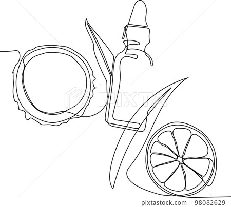 Continuous drawing of one line of bottles with oil or honey or lemon or lime juice for scrubbing and body skin care with natural herbal skin care products, top view of ingredients. Vector illustration Continuous drawing of one line of bottles with oil or honey or lemon or lime juice for scrubbing and body skin care with natural herbal skin care products, top view of ingredients. Vector illustration 98082629