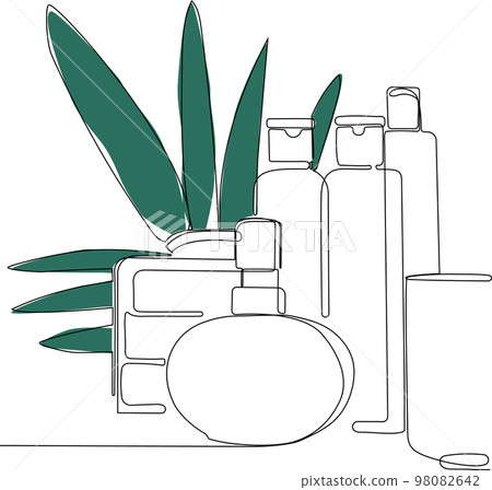 Continuous drawing of one line of bottles with oil or honey or lemon or lime juice for scrubbing and body skin care with natural herbal skin care products, top view of ingredients. Vector illustration 98082642