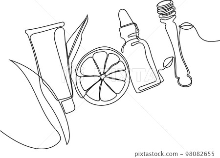 Continuous drawing of one line of bottles with oil or honey or lemon or lime juice for scrubbing and body skin care with natural herbal skin care products, top view of ingredients. Vector illustration 98082655